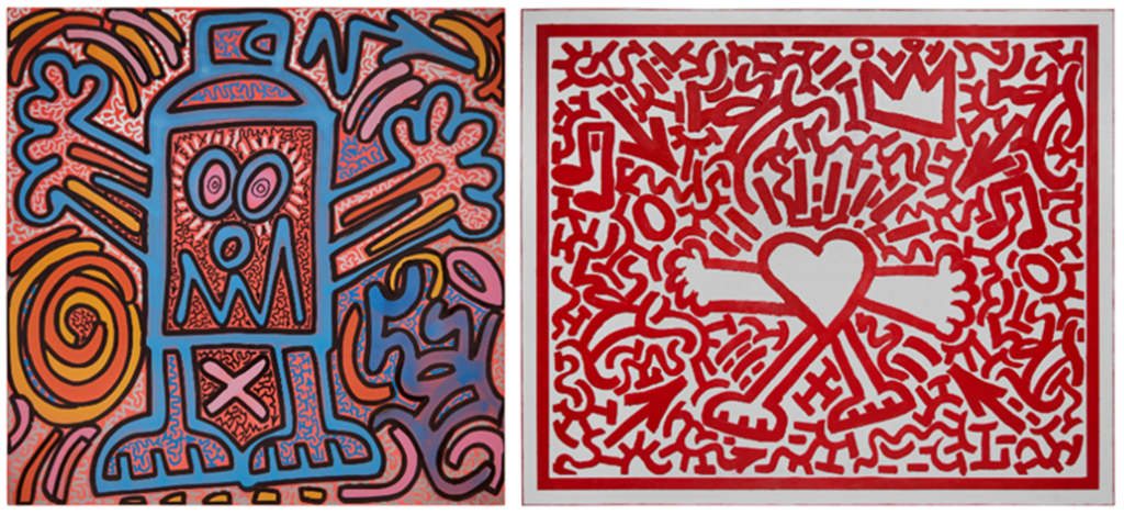 (L-R: Angel Ortiz - Dance Party, 2022, Paintmarker and spray paint on canvas, 48 x 48 in; King of Hearts,  2022, Acrylic on canvas, 60 x 72 in)