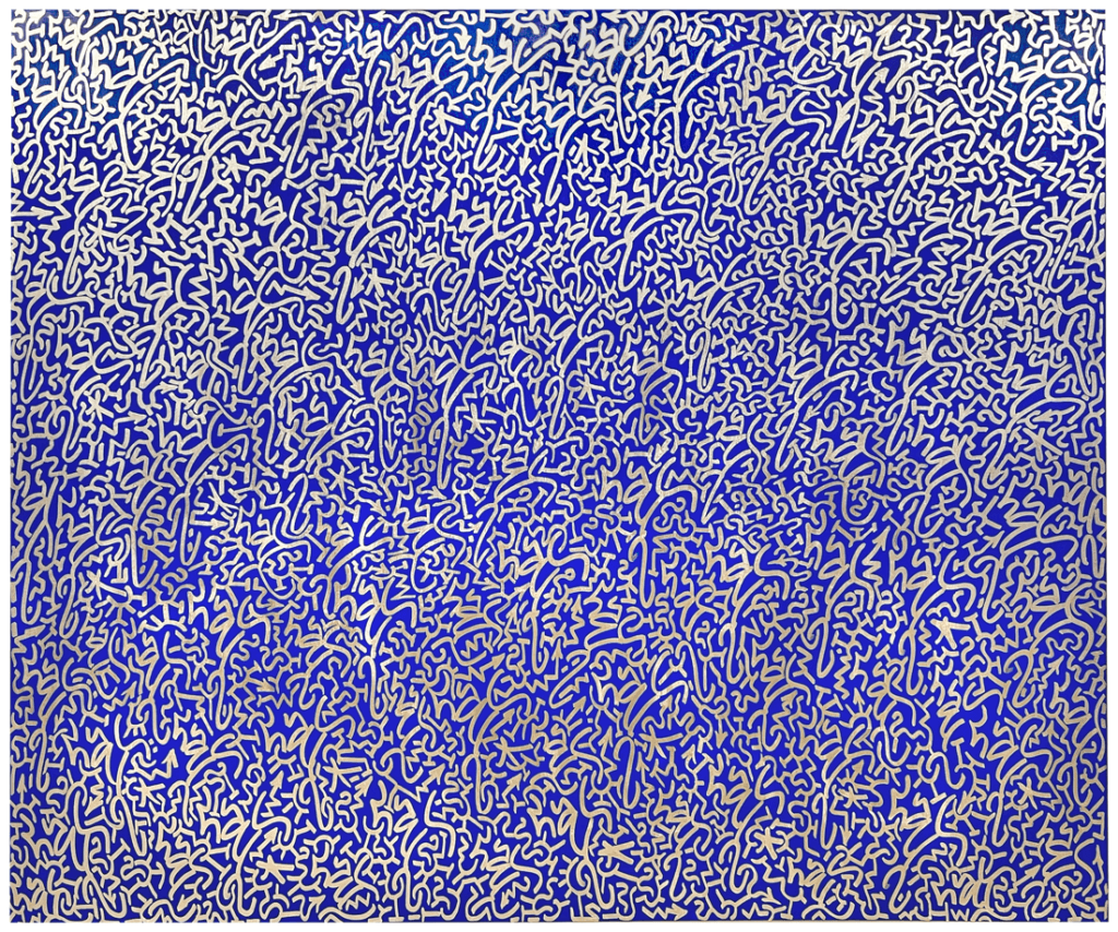 Angel Ortiz, Primo, 2022 Silver paintmarker on canvas